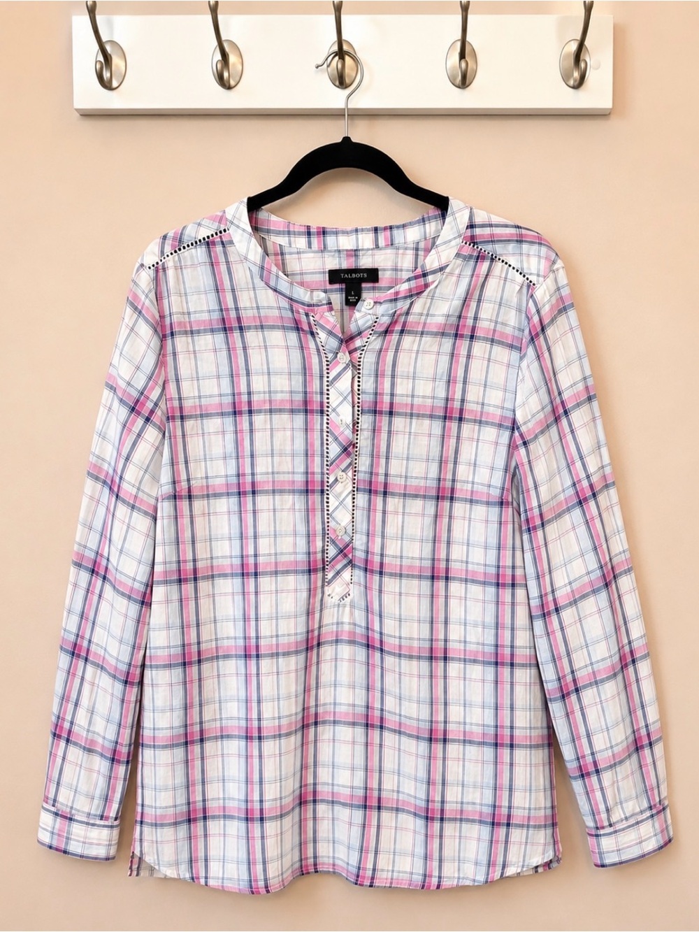 Talbots L Pink Blue Plaid Cotton Popover Blouse Ladder Trim Preppy